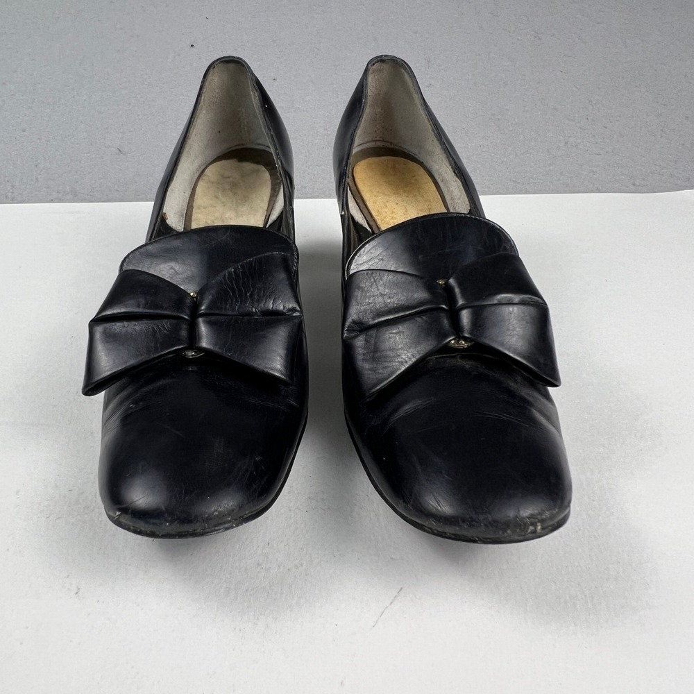 Vintage Leather Pumps Womens Black Block Heel Bow Classic Professional Shoes
